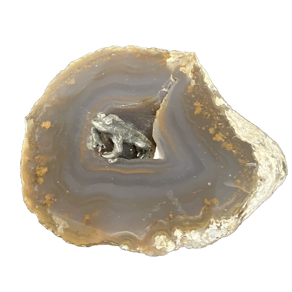 Geode Crystal w/ Pewter Toned Mini Frog Figurine Cluster Rock Neutral Whimsical
